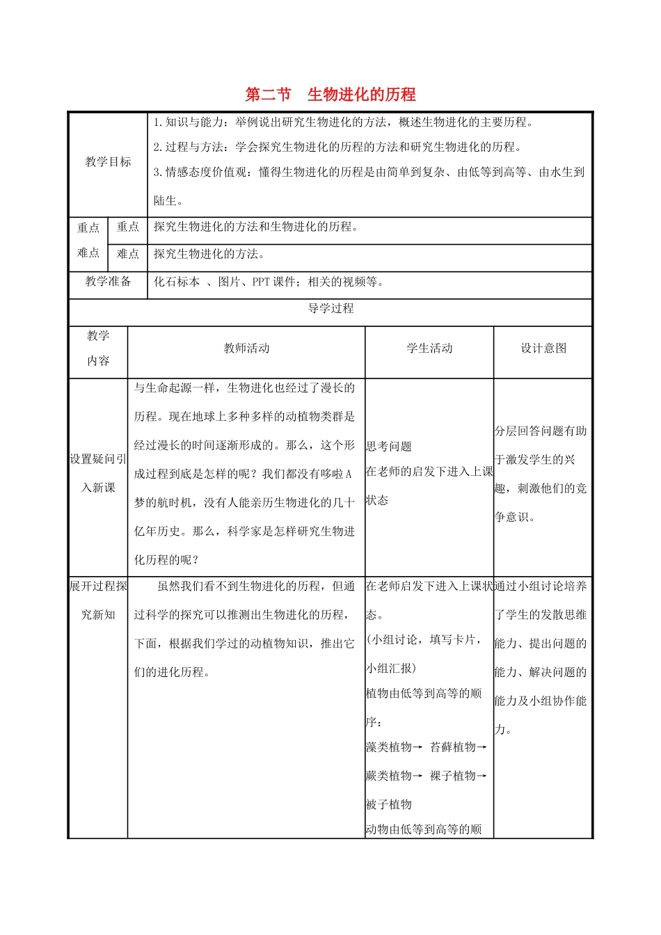版八年级生物下册 第七单元 生物圈中生命的延续和发展 第三章 生命起源和生物进化 第2节 生物进化的历程教案 （新版）新人教版-（新版）新人教版初中八年级下册生物教案_第1页