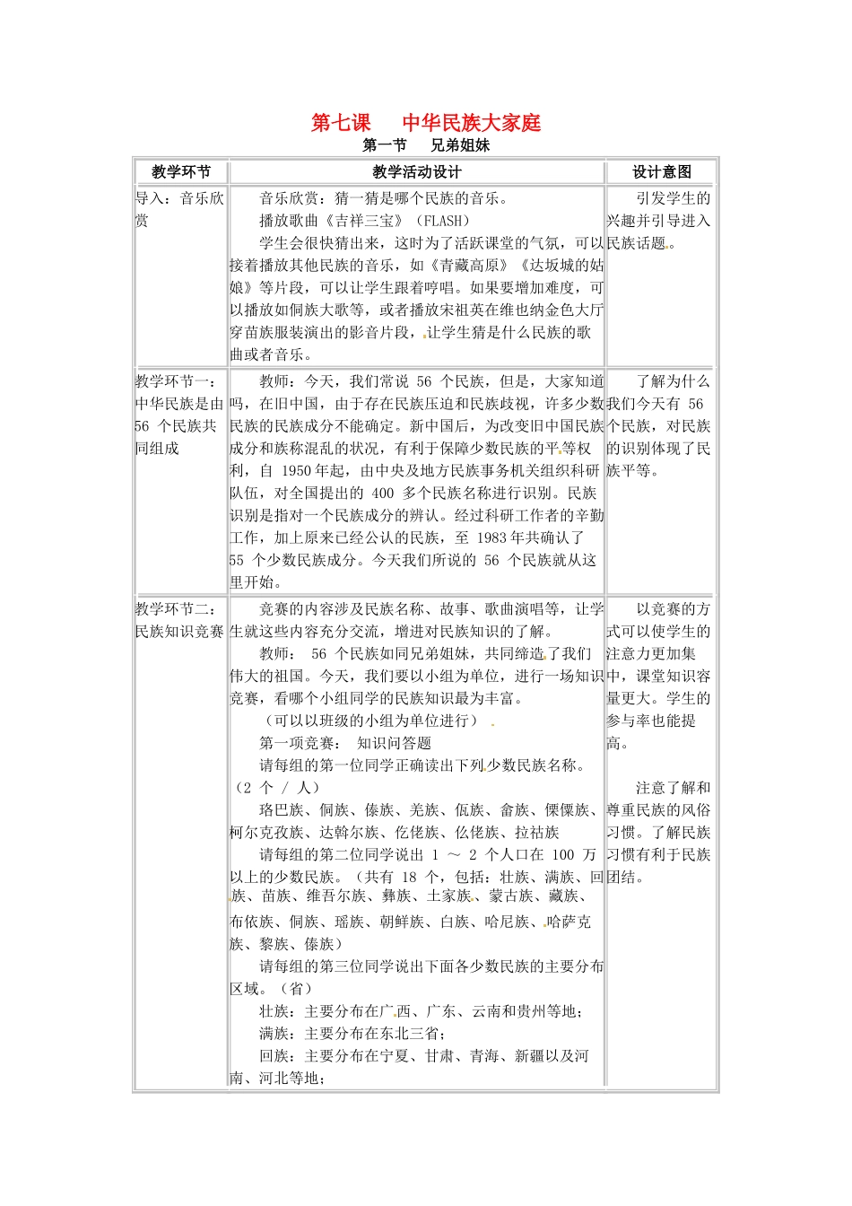 四川省宜宾县复龙初级中学八年级政治下册 第七课 中华民族大家庭教案 教科版_第1页