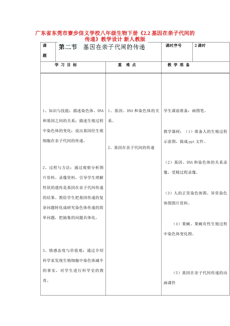 广东省东莞市寮步信义学校八年级生物下册《2.2 基因在亲子代间的传递》教学设计 新人教版_第1页