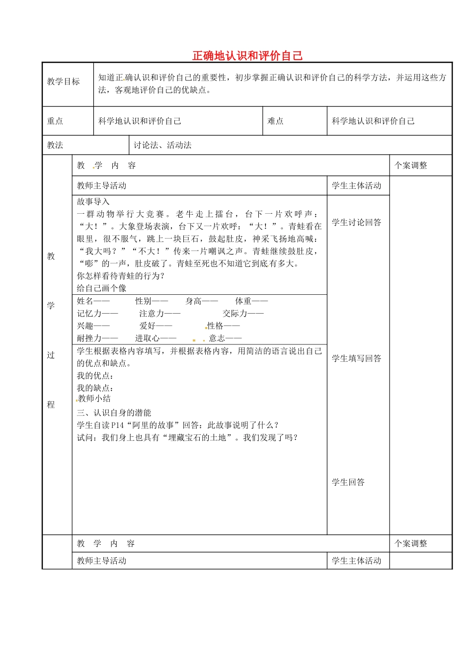 七年级政治上册 2.1 正确地认识和评价自己教案 苏教版-苏教版初中七年级上册政治教案_第1页