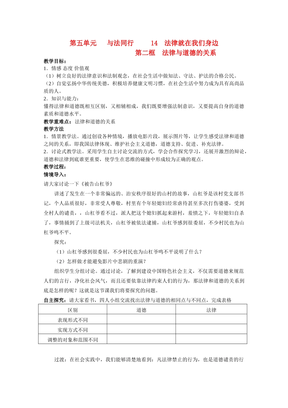 八年级政治第五单元与法同行第14课法律就在我们身边之法律与道德的关系教案苏教版_第1页
