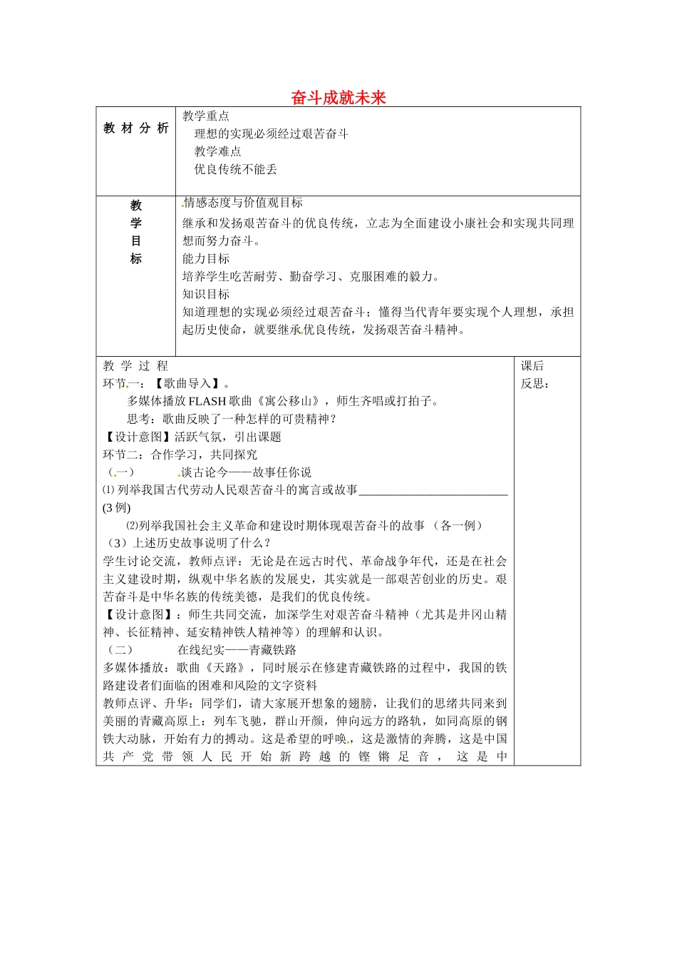 山东省龙口市诸由观镇诸由中学九年级政治全册 第10课 第2框 奋斗成就未来教案 鲁教版_第1页