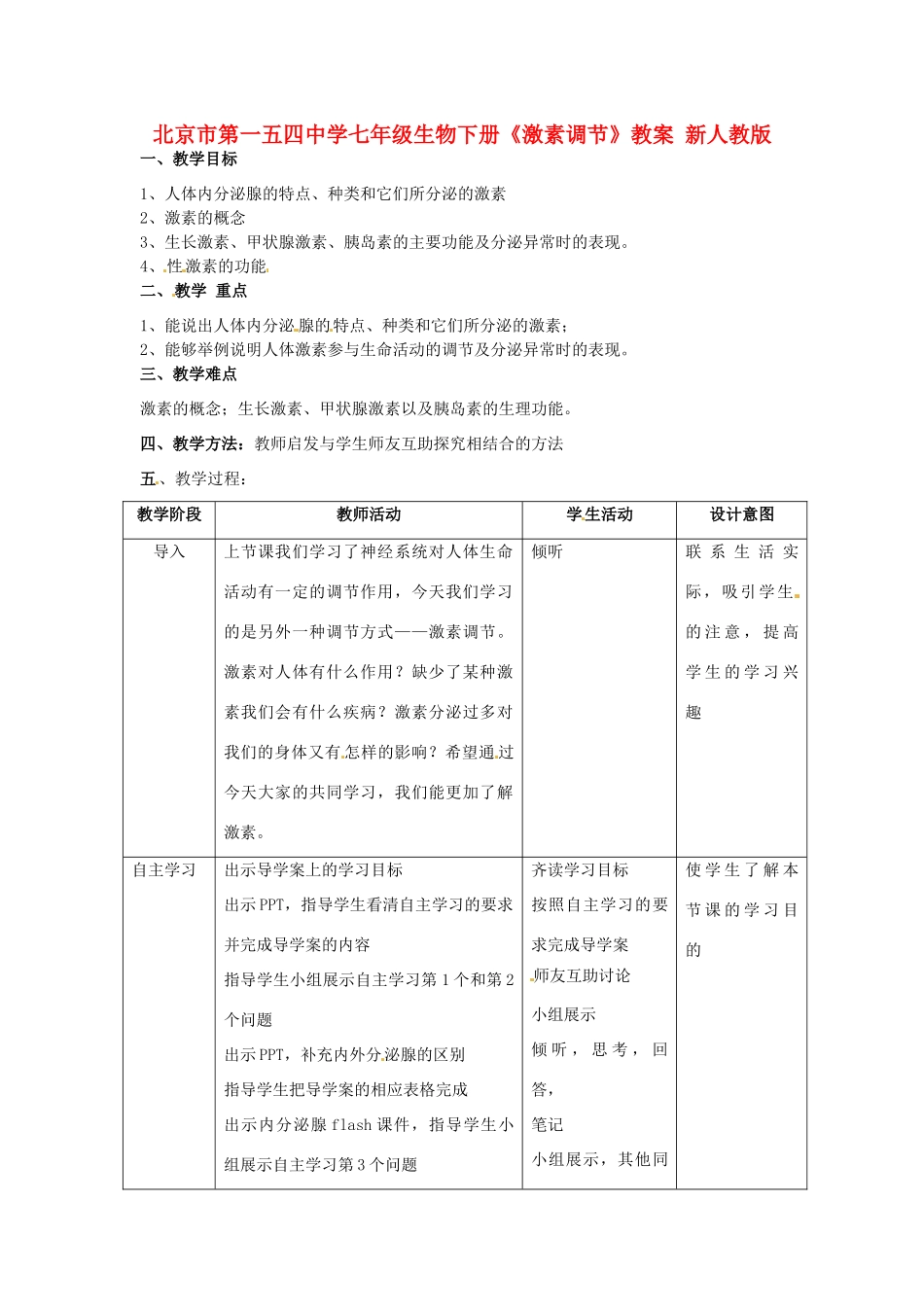 北京市第一五四中学七年级生物下册《激素调节》教案 新人教版_第1页