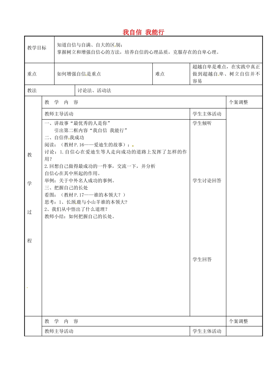 七年级政治上册 2.2 我自信 我能行教案 苏教版-苏教版初中七年级上册政治教案_第1页