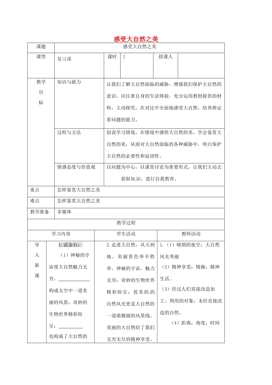 八年级政治下册 12.1 感受大自然之美教案 鲁人版六三制-鲁人版初中八年级下册政治教案_第1页