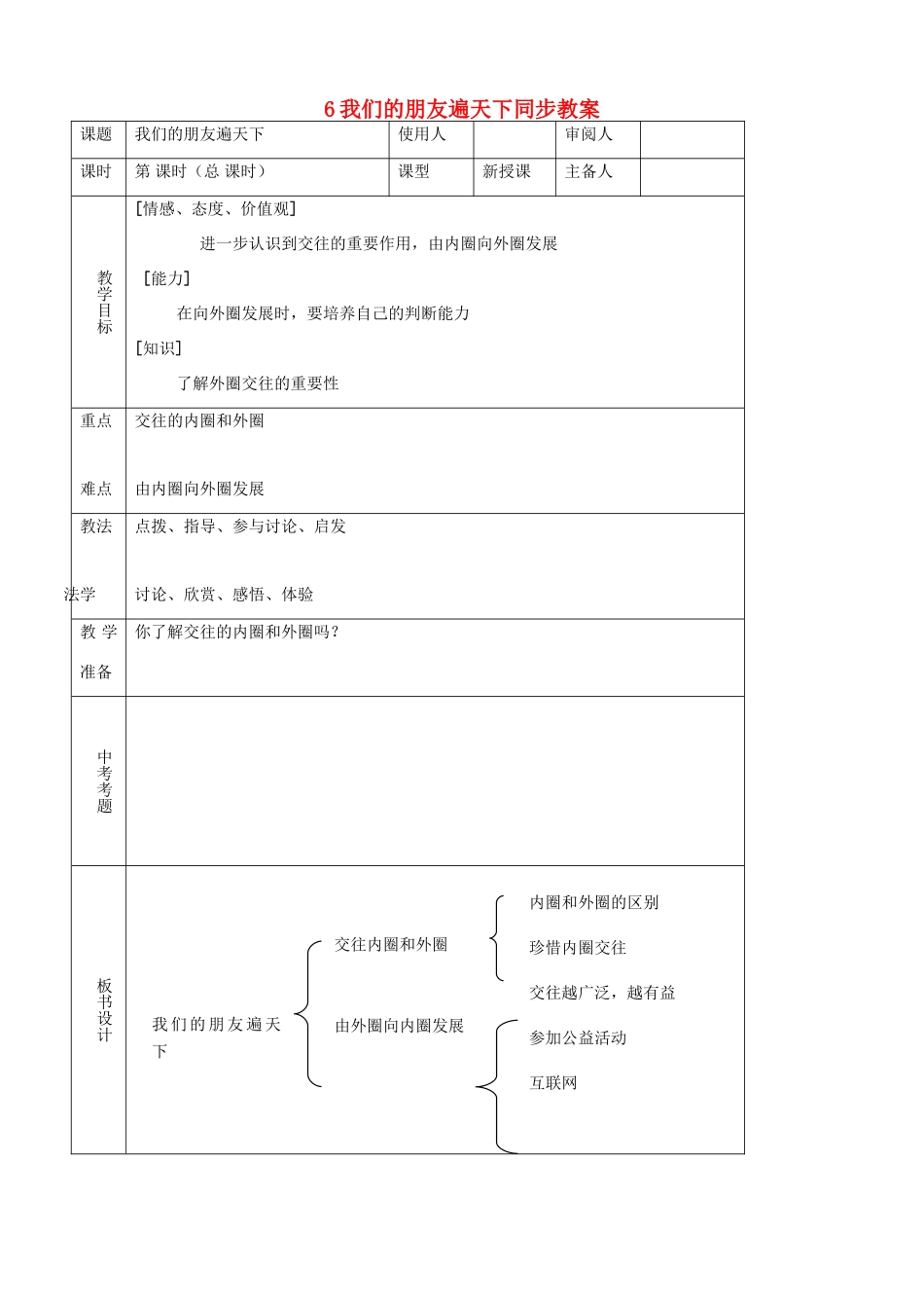 八年级思品上册 6我们的朋友遍天下同步教案 鲁教版_第1页