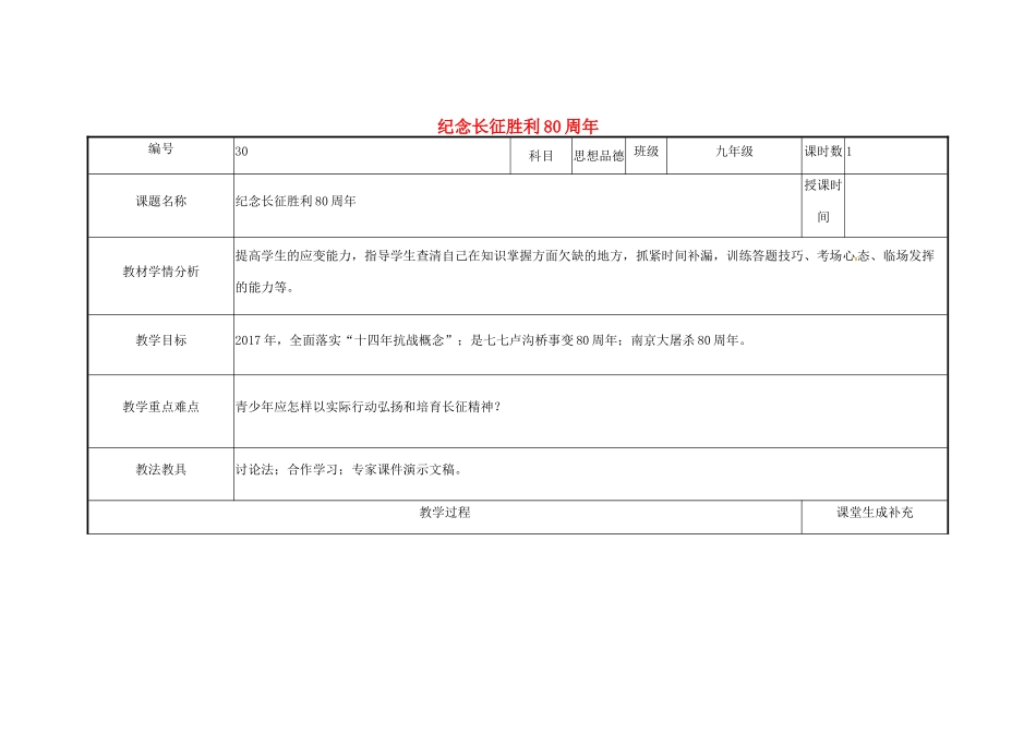 云南省涧彝族自治县中考政治第三轮复习 课题30 纪念长征胜利80周年教案-人教版初中九年级全册政治教案_第1页