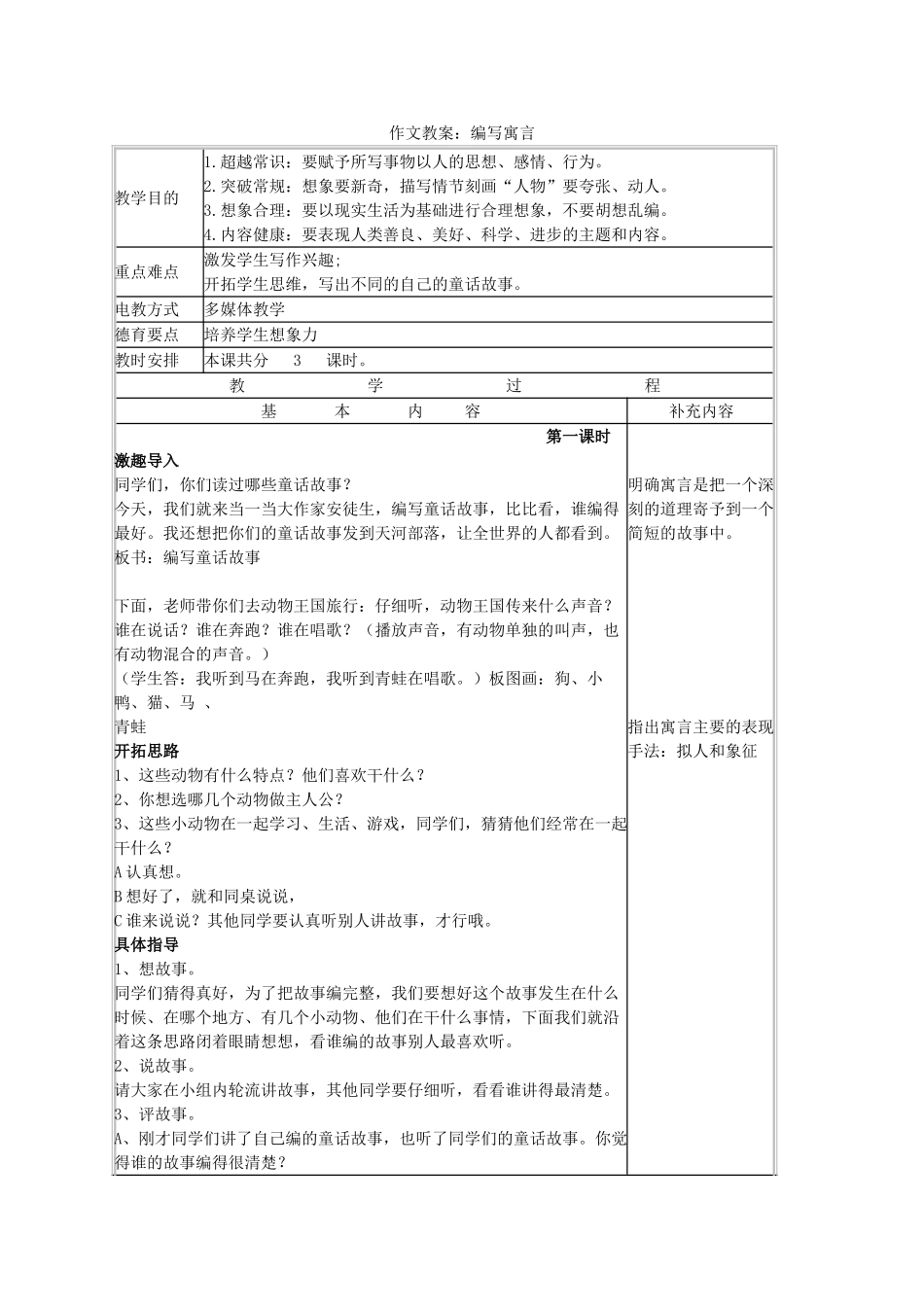 七年级语文下册 第六单元 作文教案：编写寓言 语文版-语文版初中七年级下册语文教案_第1页