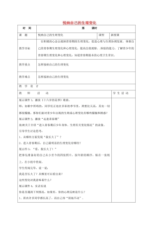 （秋季版）山东省郯城县七年级道德与法治上册 第二单元 青春的脚步 青春的气息 第三课 人们说我们长大了 第2框 悦纳自己的生理变化教案 鲁人版六三制-鲁人版初中七年级上册政治教案