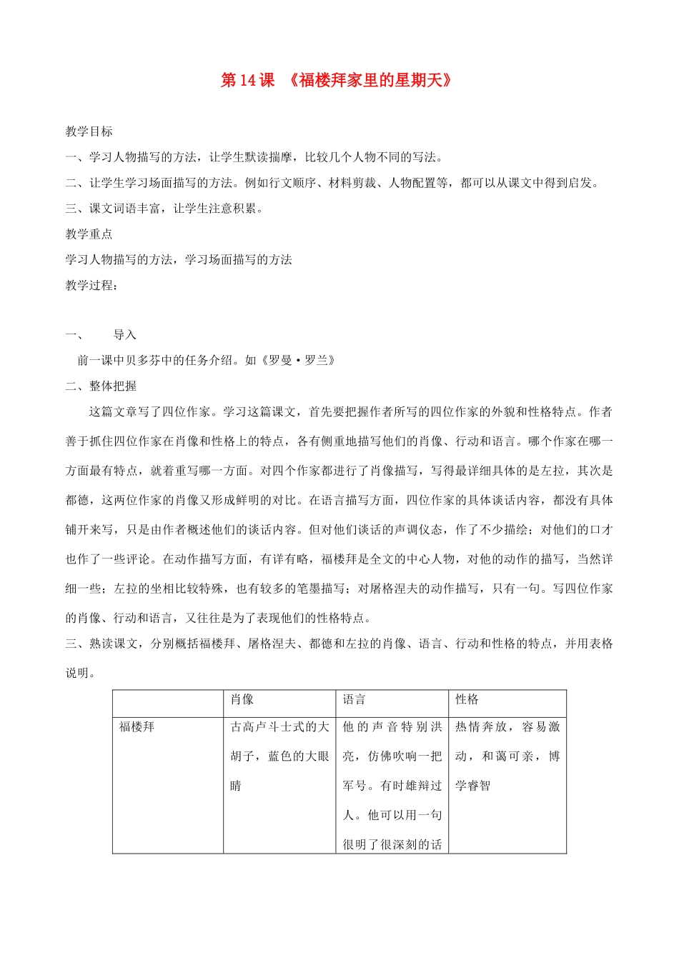 山东省济宁市实验中学七年级语文下册 第十四课《福楼拜家里的星期天》教案 新人教版_第1页
