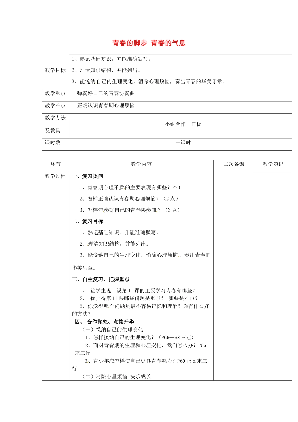 山东省临淄外国语实验学校七年级政治下册 第十一课 青春的脚步 青春的气息复习教案 鲁教版_第1页