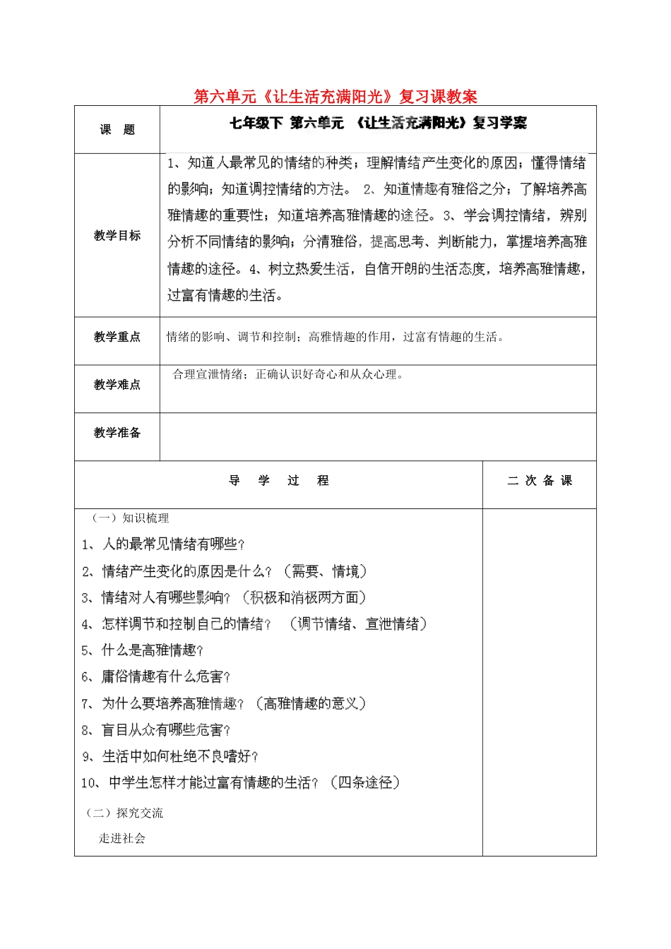 山东省枣庄市峄城区吴林街道中学七年级政治下册 第六单元《让生活充满阳光》复习课教案 鲁教版_第1页