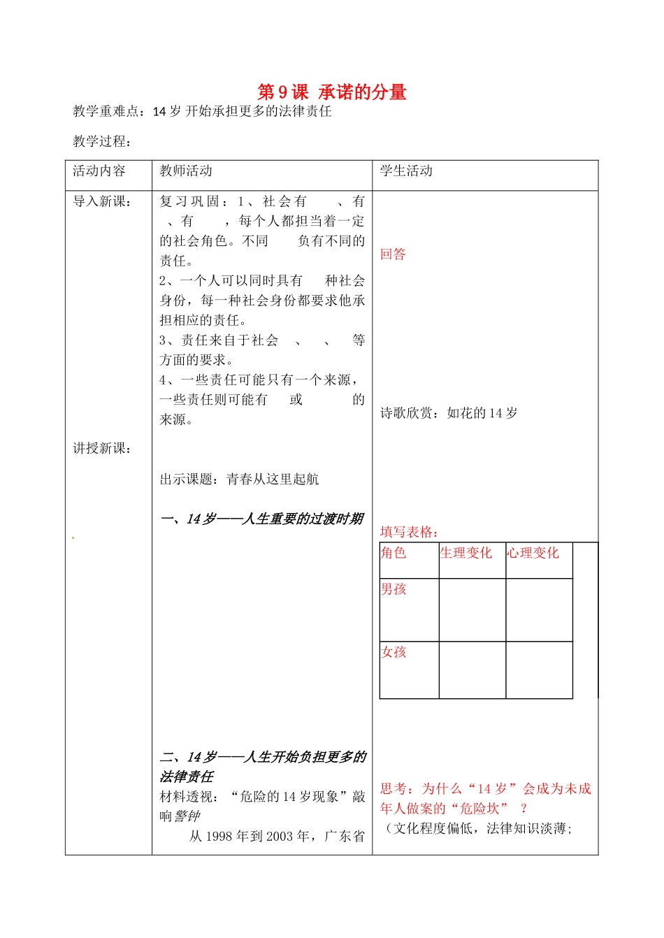 八年级政治上册 第9课 承诺的分量教案3 苏教版-苏教版初中八年级上册政治教案_第1页