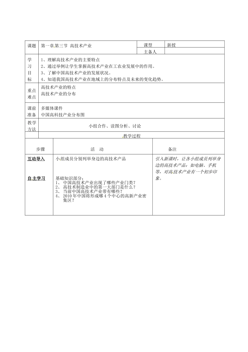 福建省泉州市泉港区三川中学八年级地理上册 第四章 中国的经济发展 第一节 高技术产业教学设计 新人教版_第2页