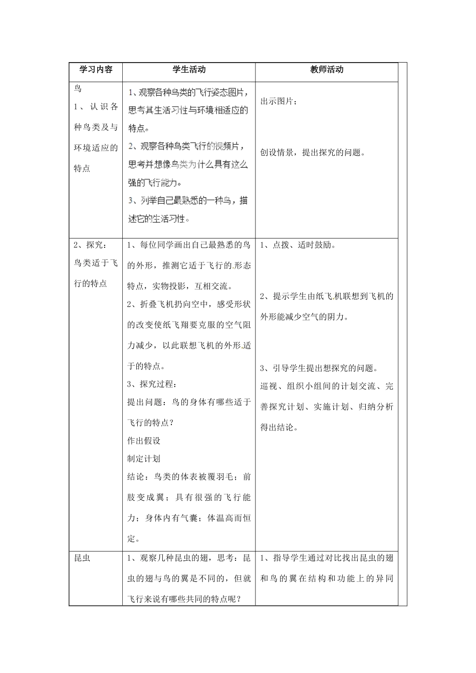 福建省厦门市集美区灌口中学八年级生物上册 第五单元 第一章 第三节 空中飞行的动物教案 新人教版_第2页