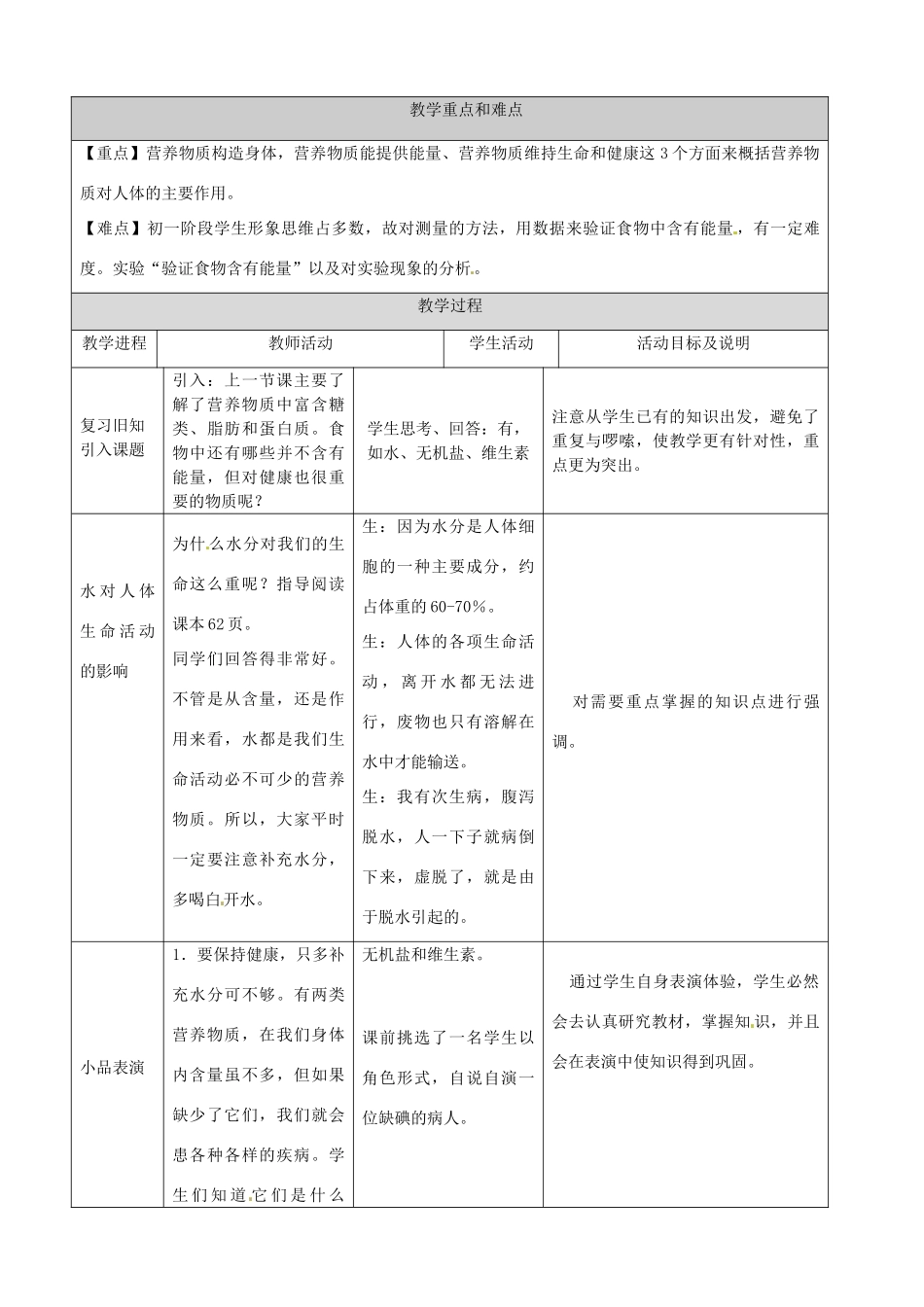 河北省秦皇岛市山海关桥梁中学七年级生物下册 第一章第一节《营养物质的作用》教案_第2页