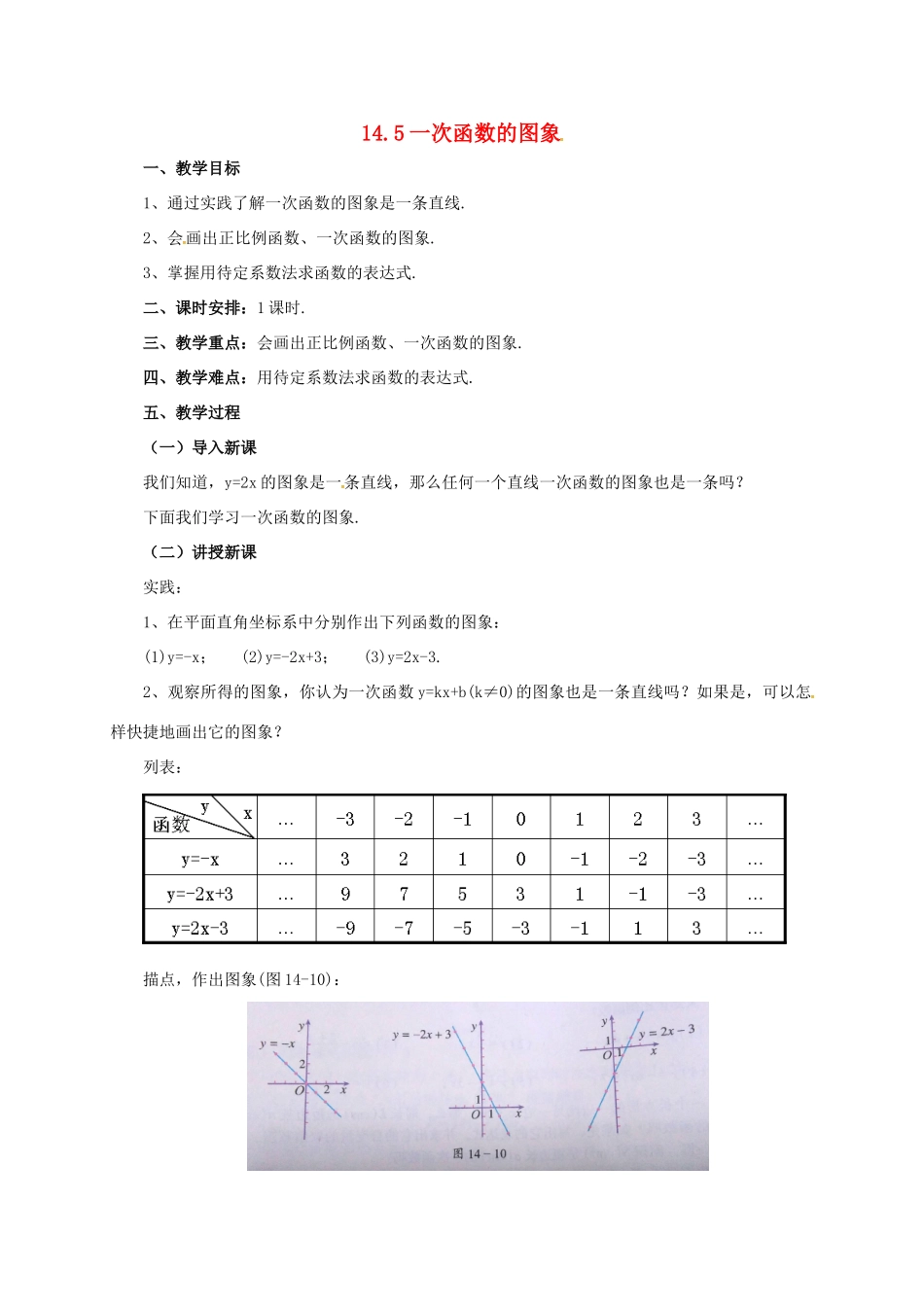 八年级数学下册 14.5 一次函数的图象教案 （新版）北京课改版-北京课改版初中八年级下册数学教案_第1页