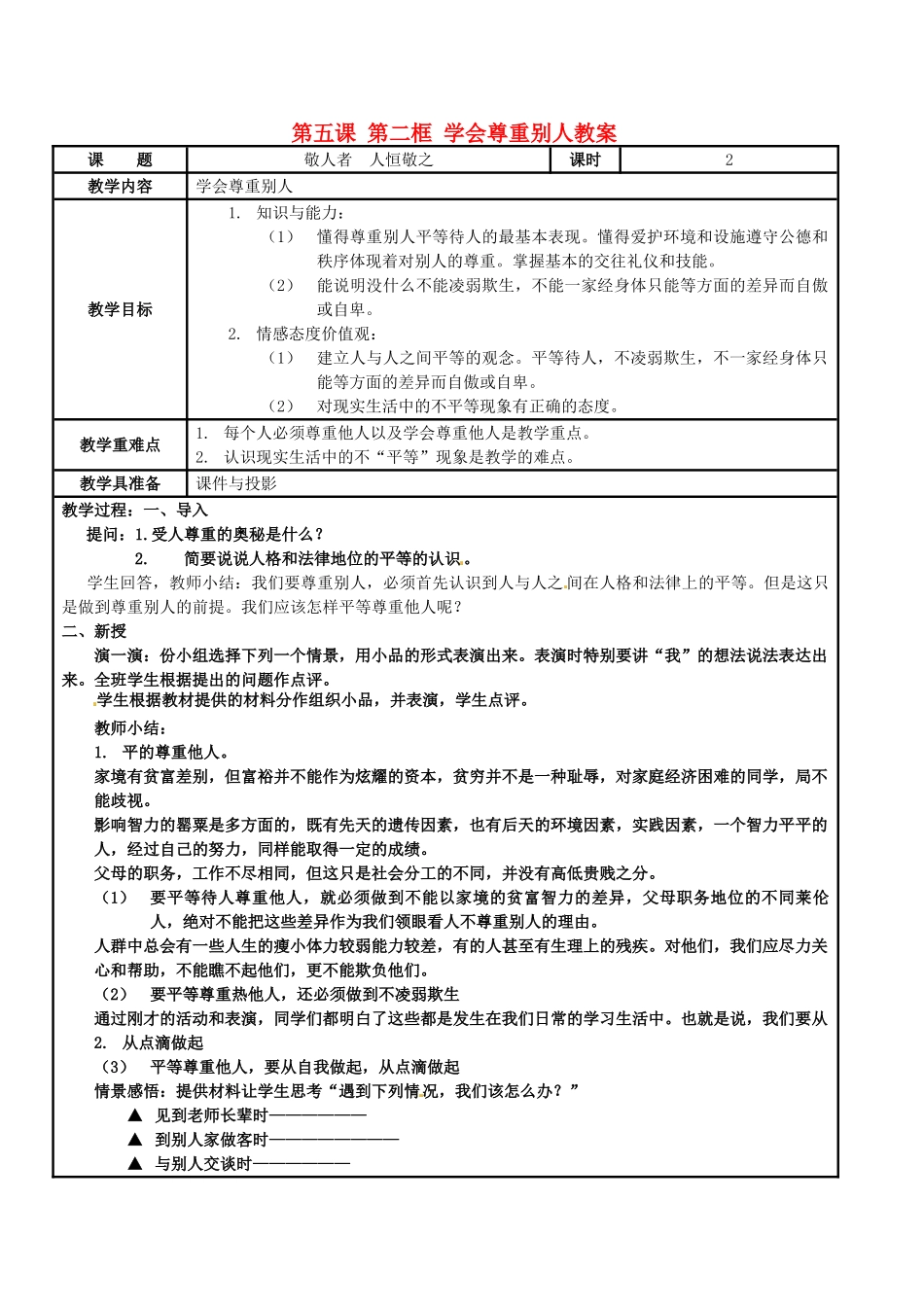 江苏省苏州市工业园区第十中学九年级政治全册 第五课 第二框 学会尊重别人教案 新人教版_第1页