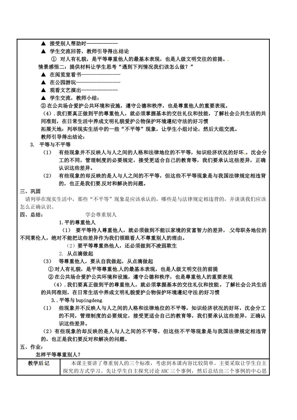江苏省苏州市工业园区第十中学九年级政治全册 第五课 第二框 学会尊重别人教案 新人教版_第2页