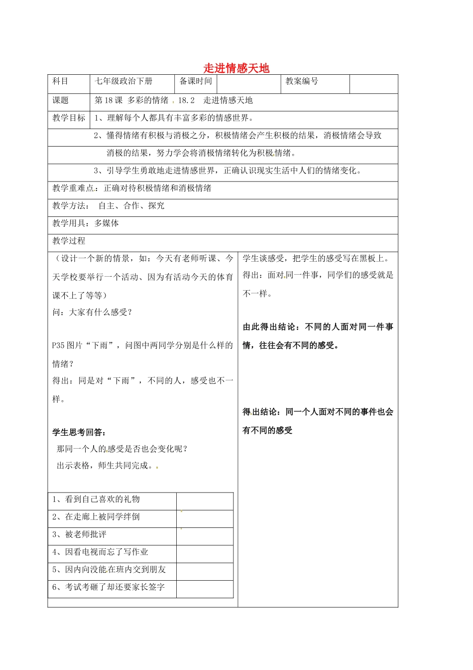 七年级政治下册 18.2 走进情感天地教案 苏教版-苏教版初中七年级下册政治教案_第1页