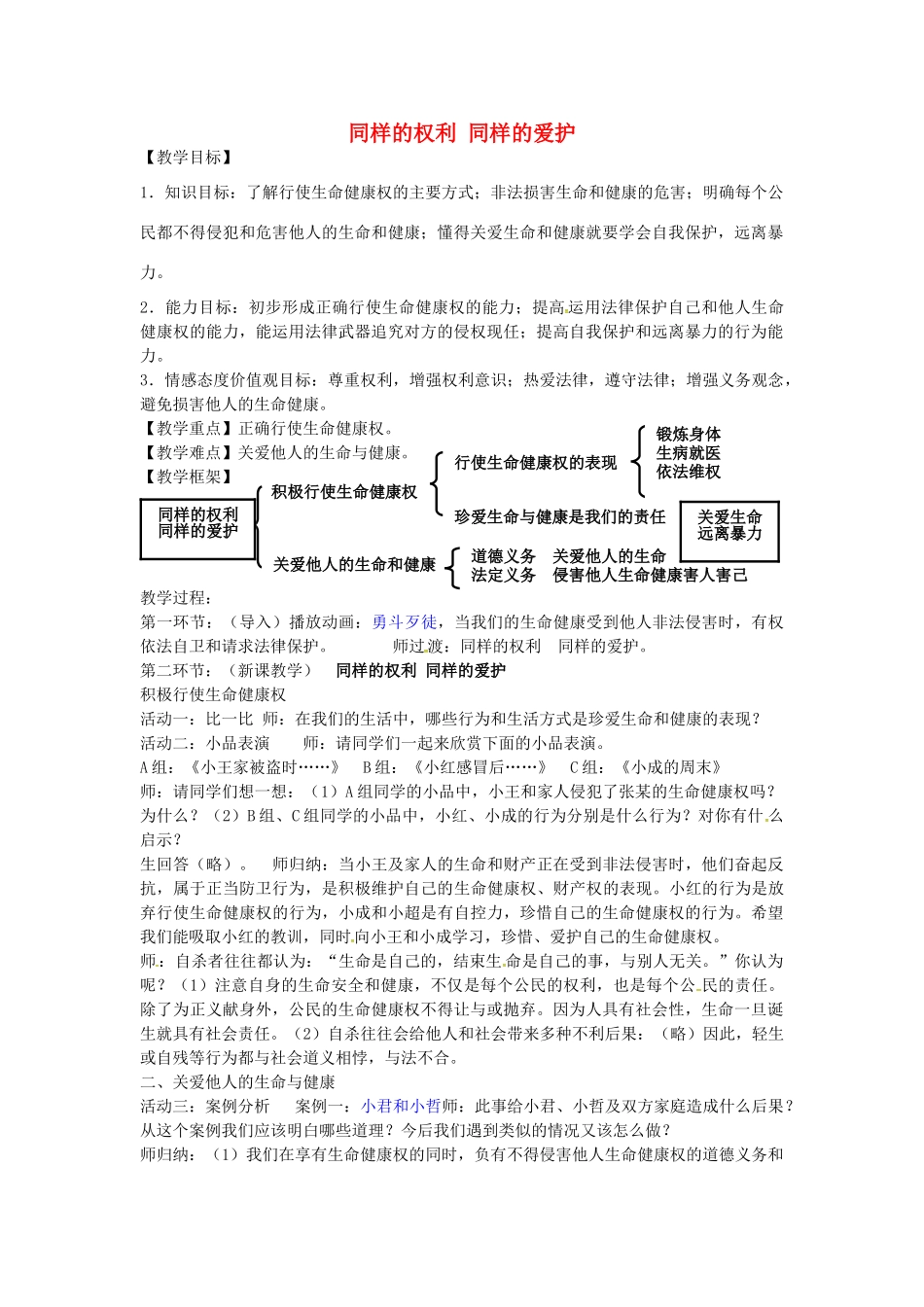 八年级政治下册 2.3.2 同样的爱护 同样的权利教案 新人教版-新人教版初中八年级下册政治教案_第1页