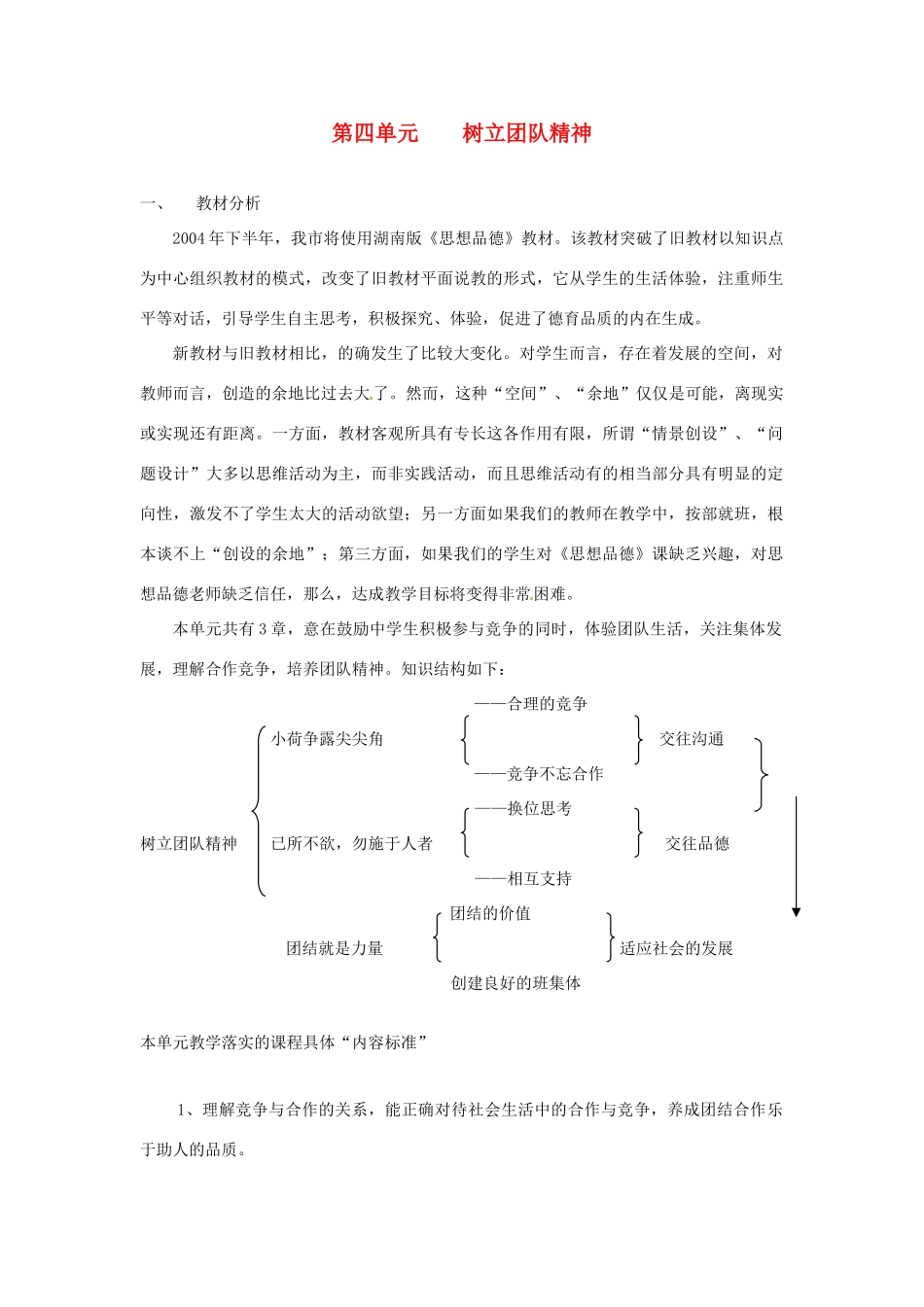 七年级政治上册 第四单元 树立团队精神复习教案 湘教版_第1页