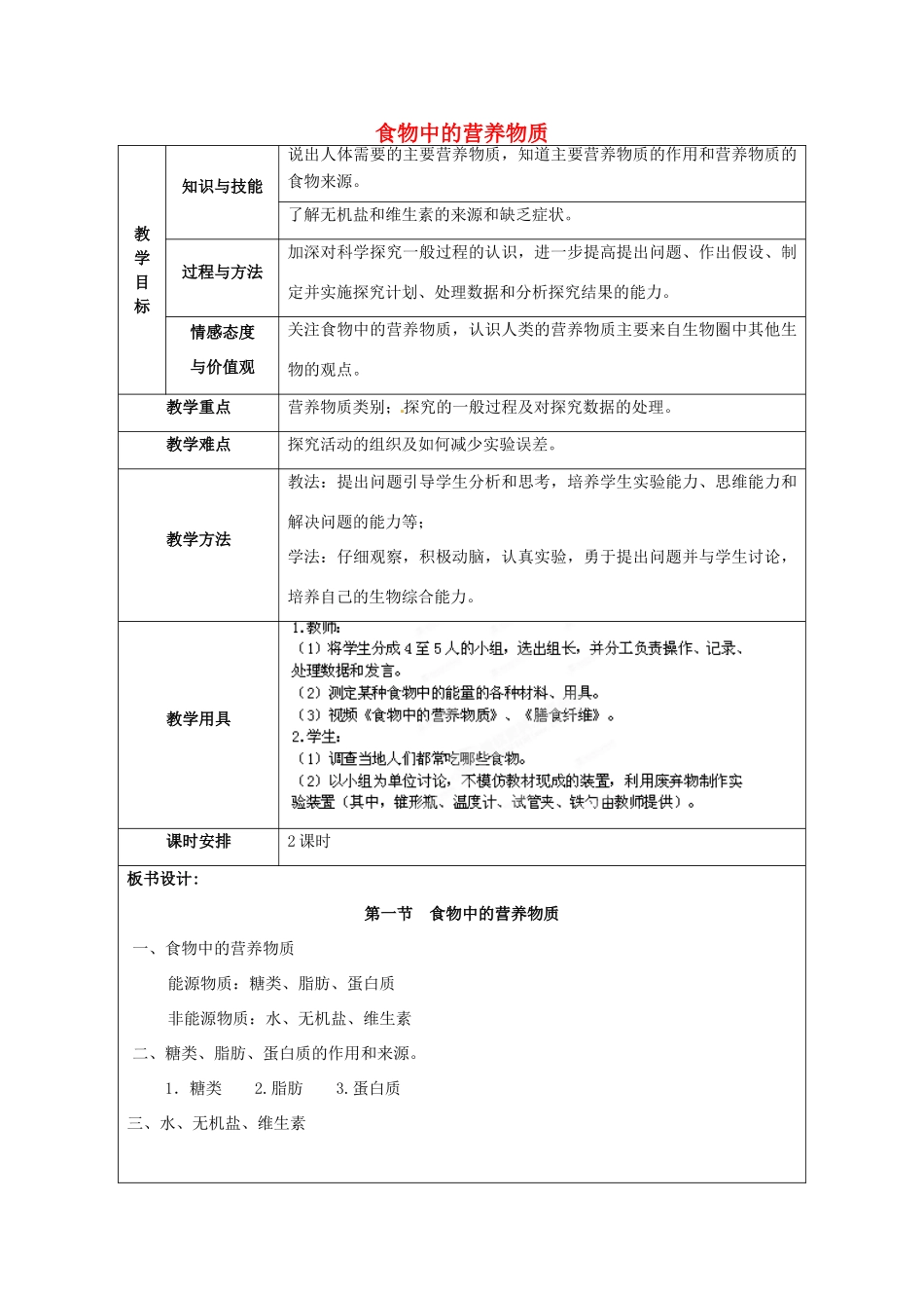 福建省厦门市集美区灌口中学七年级生物下册 第四单元 2.1 食物中的营养物质教案 新人教版_第1页