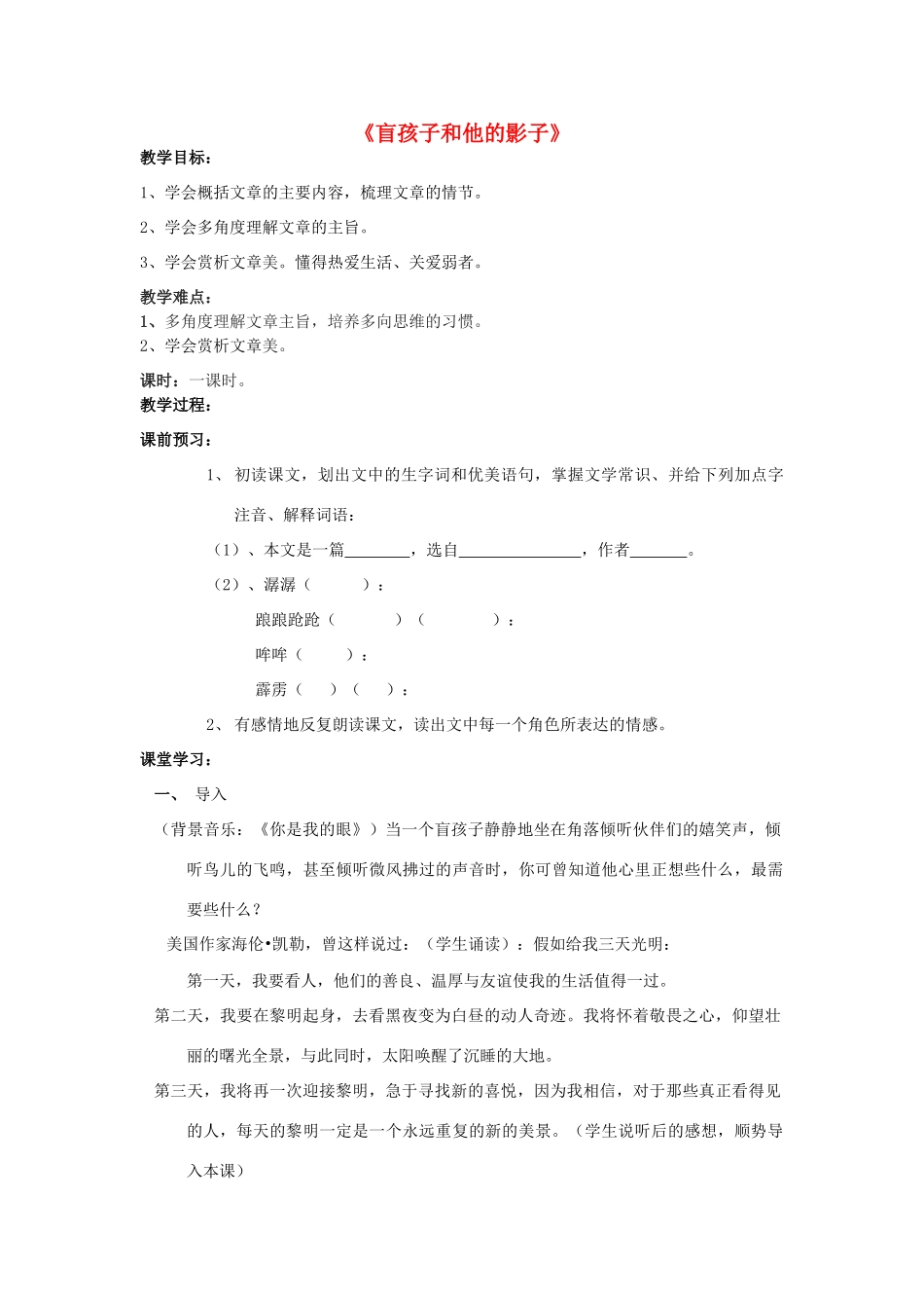 山东省泰安市七年级语文上册 29《盲孩子和他的影子》教案 （新版）新人教版_第1页