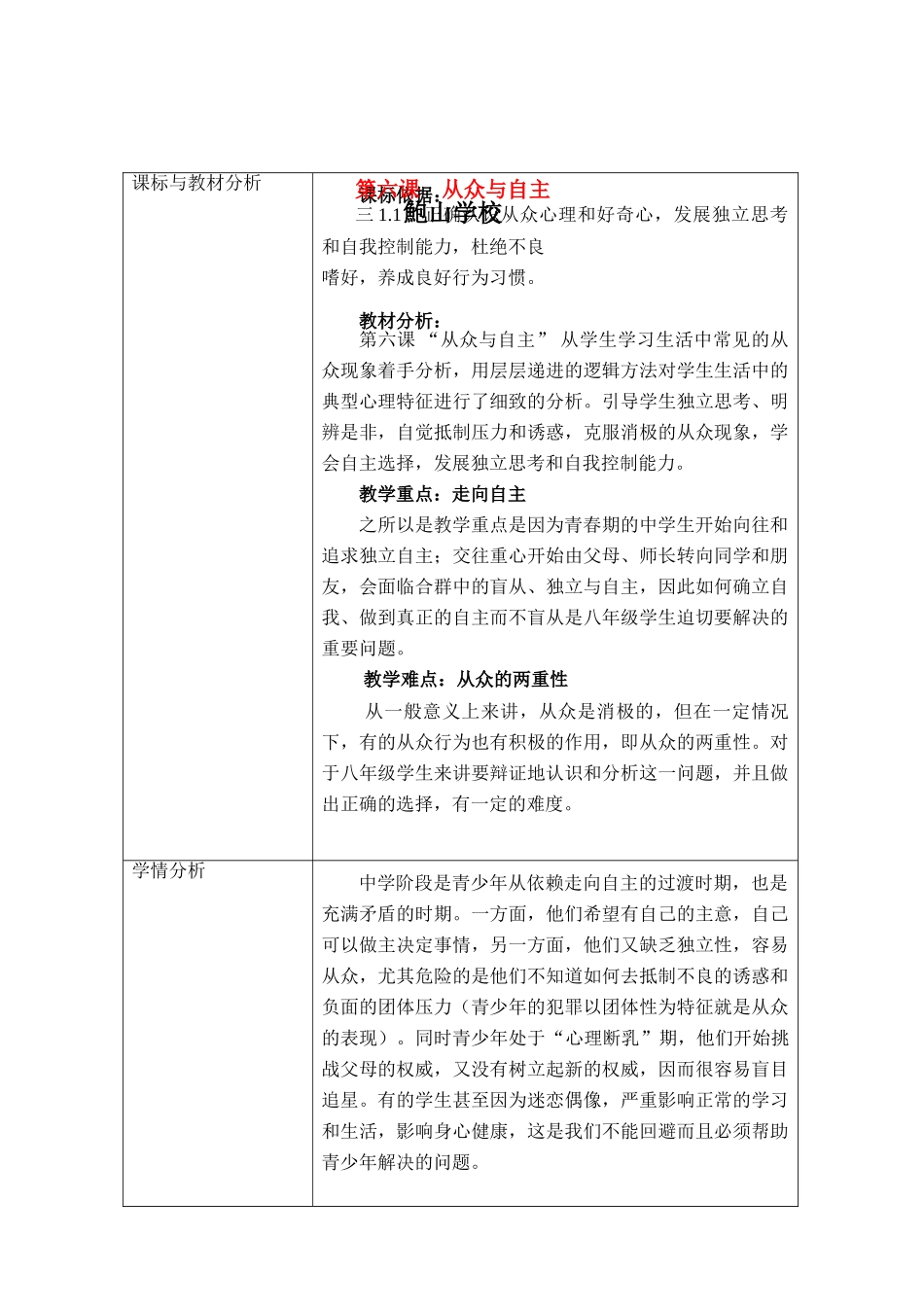 八年级政治上册 第六课从众与自主教案 教科版_第1页