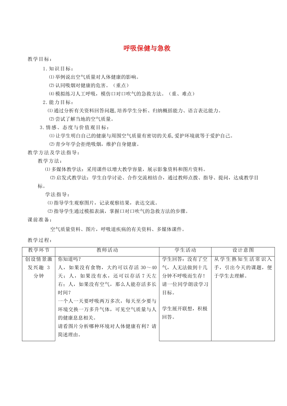 春季七年级生物下册 3.2.3 呼吸保健与急救教案 （新版）济南版-（新版）济南版初中七年级下册生物教案_第1页