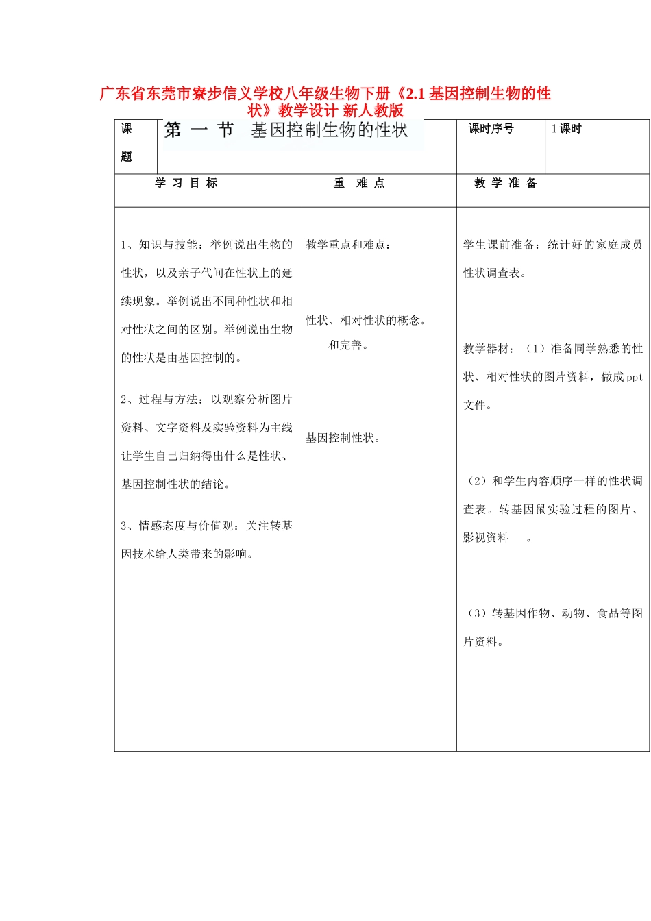 广东省东莞市寮步信义学校八年级生物下册《2.1 基因控制生物的性状》教学设计 新人教版_第1页