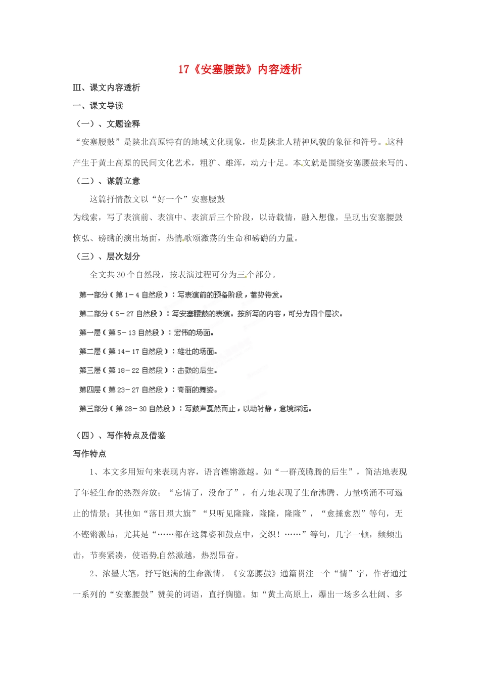 浙江省桐庐县富春江初级中学七年级语文下册 17《安塞腰鼓》内容透析_第1页