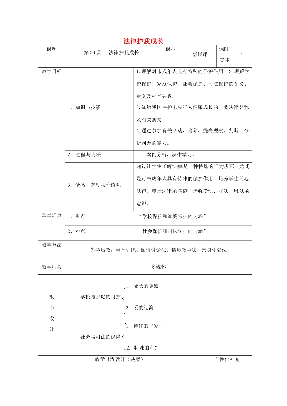 七年级政治下册 第20课 法律护我成长教学设计 苏教版_第1页