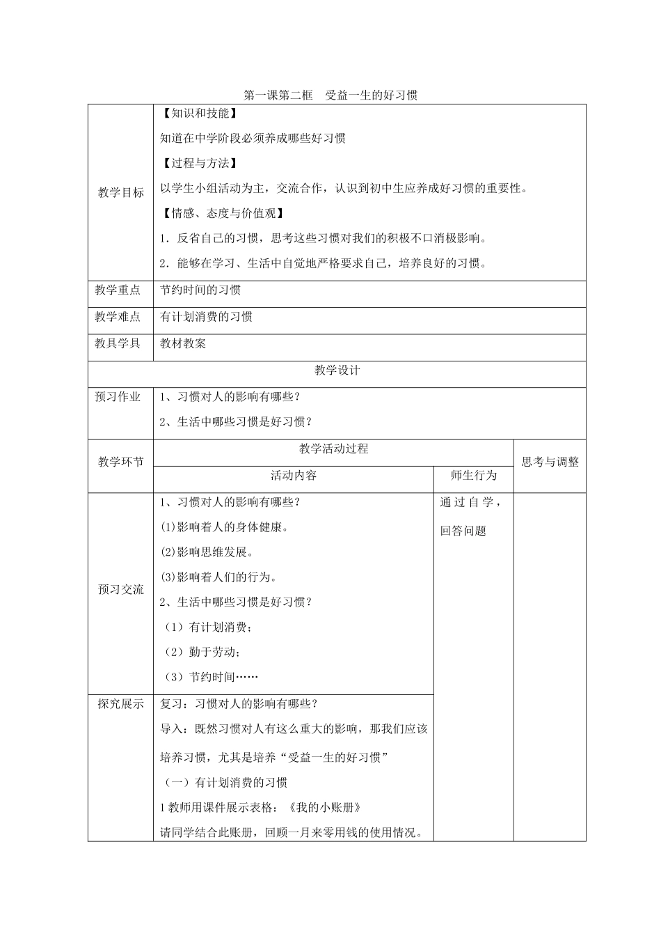 八年级政治上册 第一课第二框 受益一生的好习惯教案 苏教版_第1页