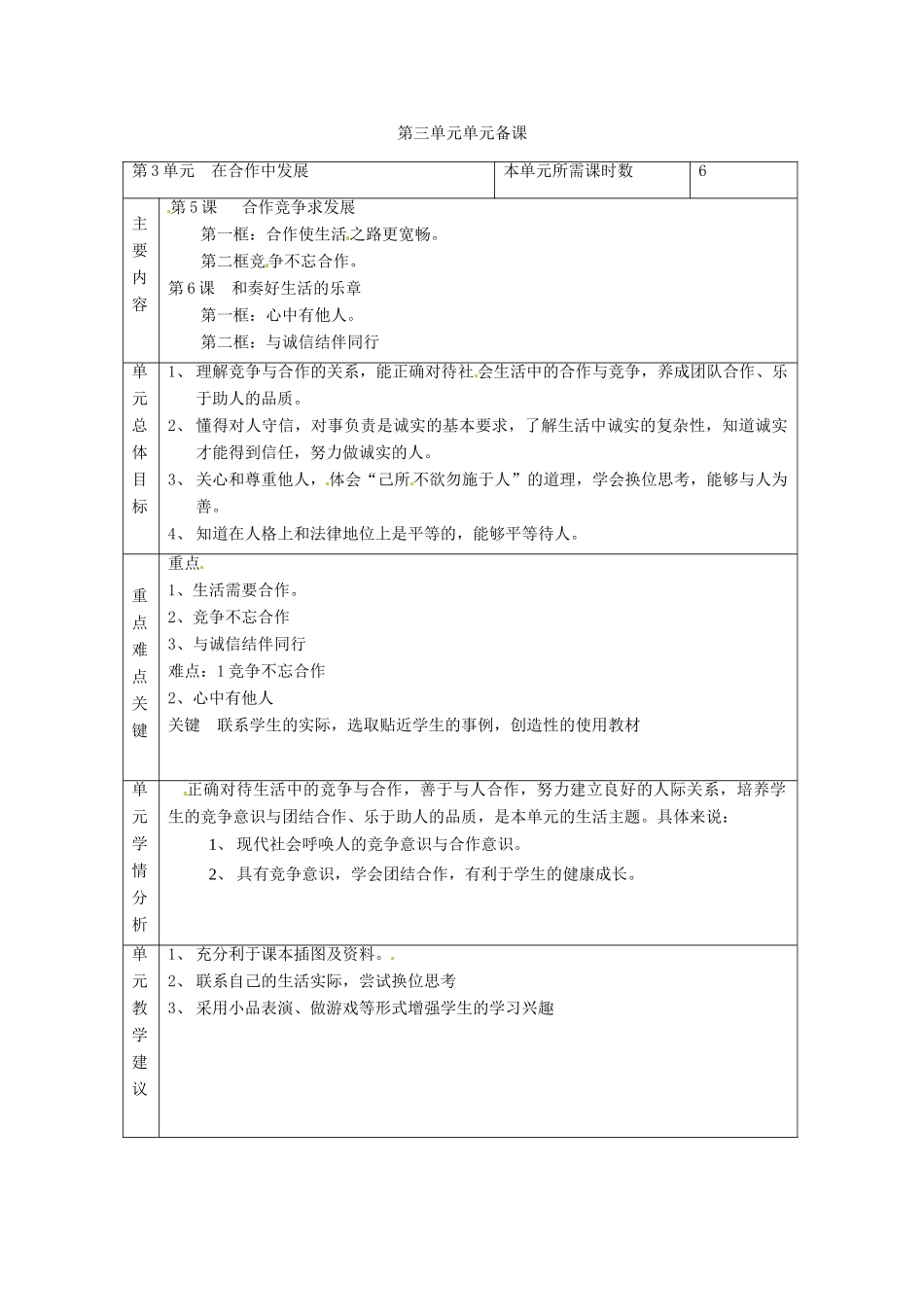 山东省邹平县实验中学八年级政治 第三单元单元备课_第1页
