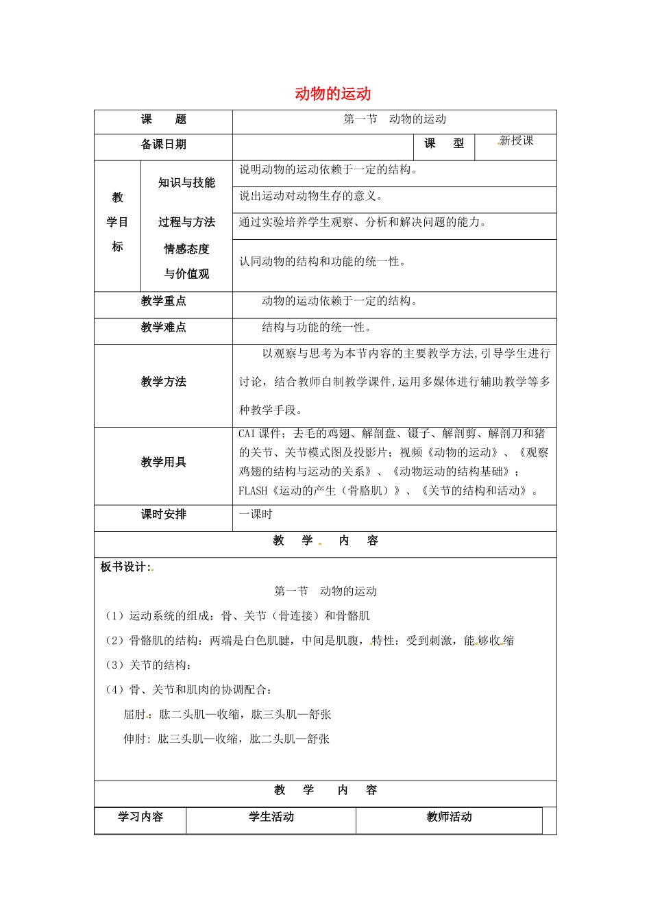 福建省厦门市集美区灌口中学八年级生物上册 第五单元 第二章 动物的运动教案 新人教版_第1页