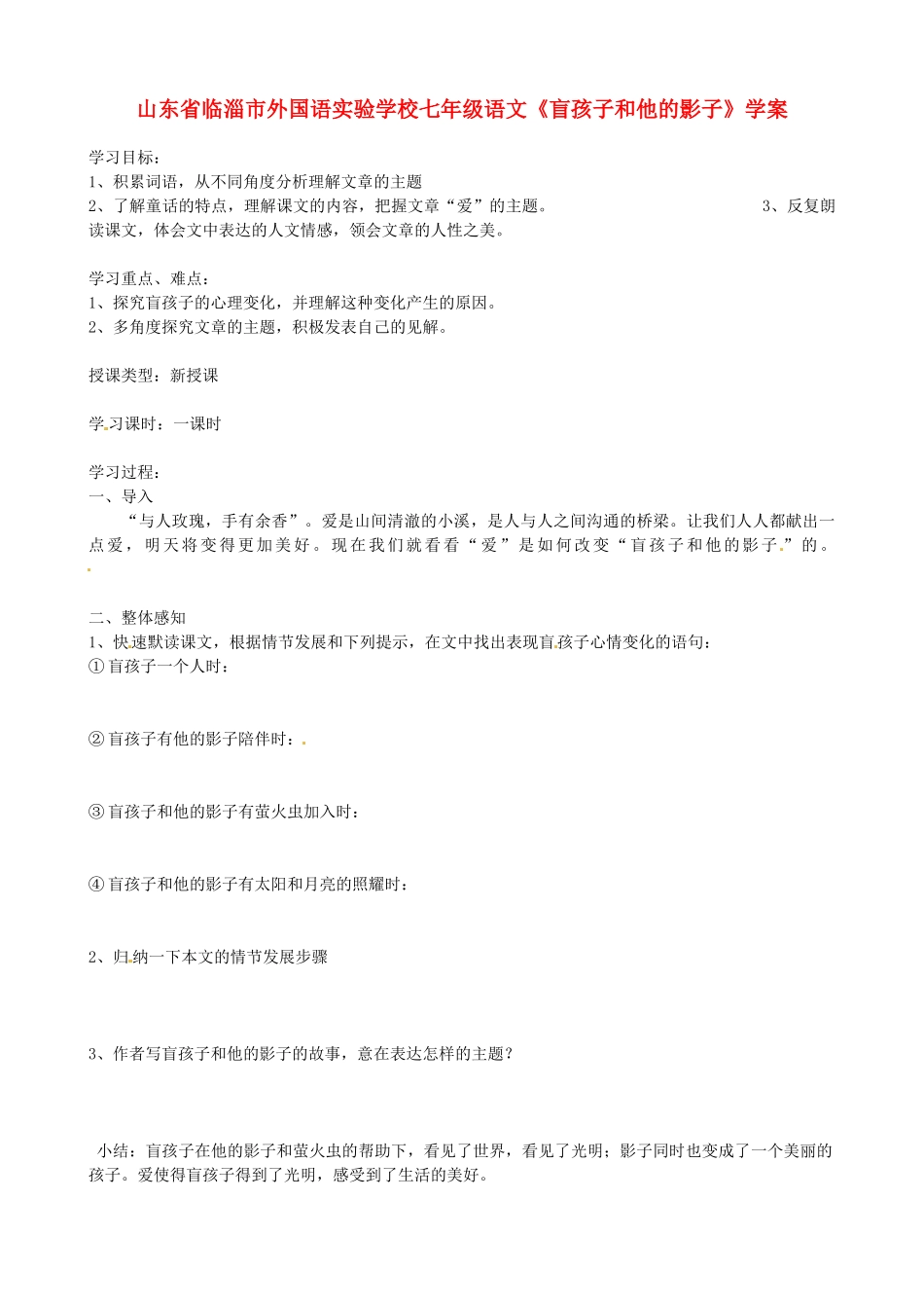 山东省临淄市外国语实验学校七年级语文上册《盲孩子和他的影子》教案 新人教版_第1页