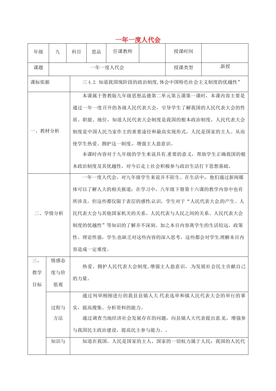 陕西省石泉县九年级政治全册 第二单元 五星红旗我为你骄傲 第5课 人民当家作主 第1框 一年一度人代会教学设计 鲁教版-鲁教版初中九年级全册政治教案_第1页
