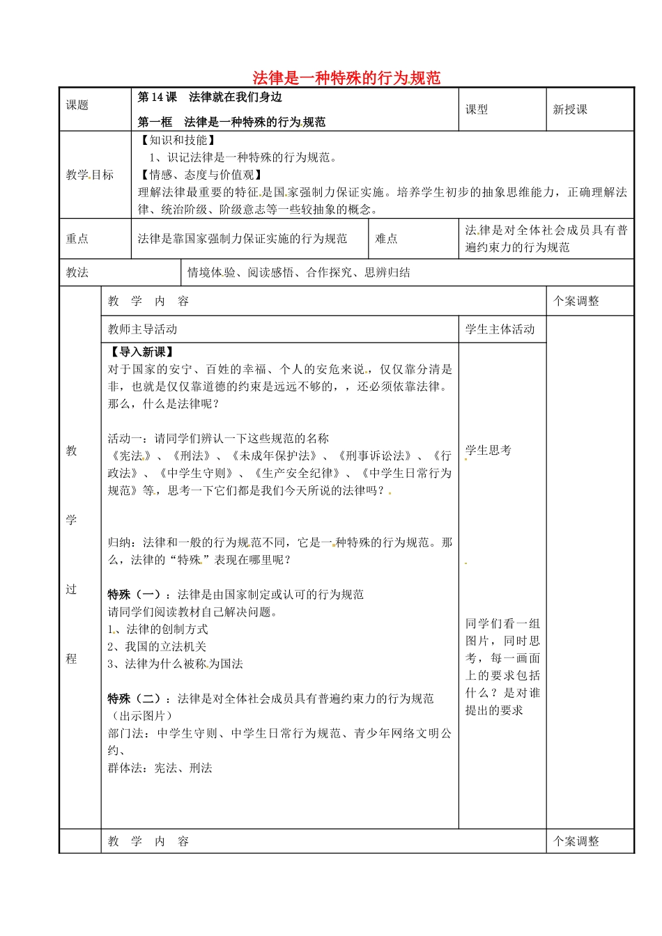 八年级政治下册 14.1 法律是一种特殊的行为规范教案 苏教版-苏教版初中八年级下册政治教案_第1页