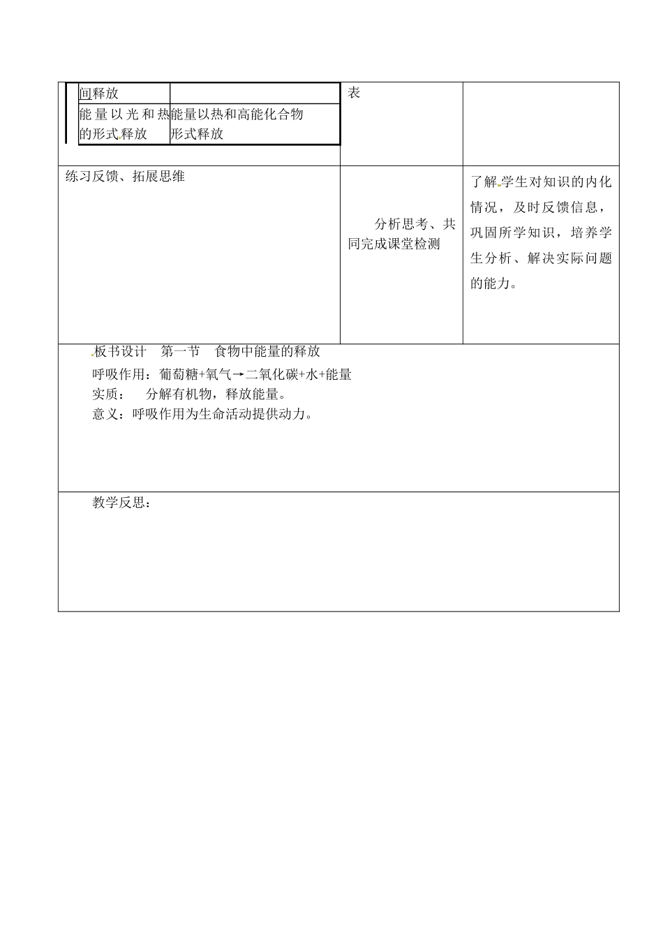 福建省晋江市平山中学七年级生物下册《10.1 食物中能量的释放》教学设计 北师大版_第3页