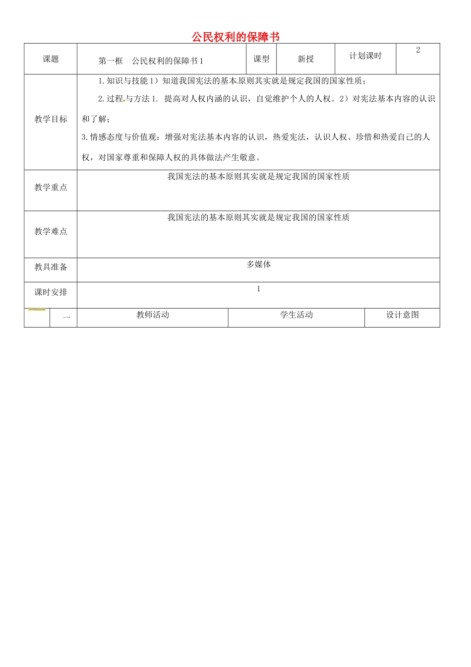 云南省昆明市东川区八年级道德与法治下册 第一单元 坚持宪法至上 第一课 维护宪法权威 第1框 公民权利的保障书教案2 新人教版-新人教版初中八年级下册政治教案_第1页