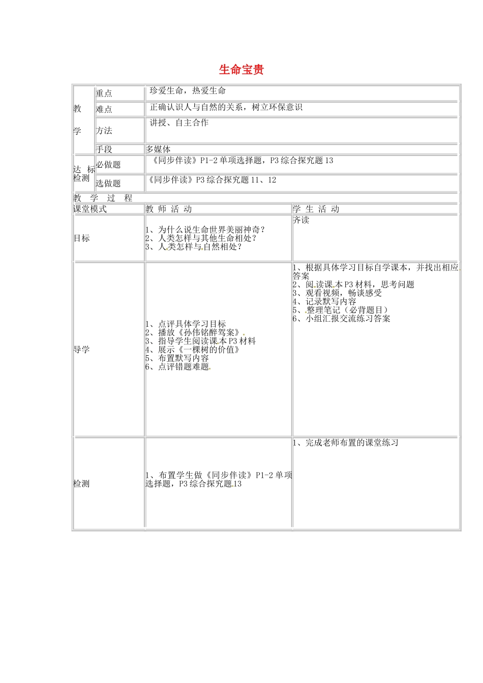 七年级政治下册 5.11 生命宝贵教案 粤教版-粤教版初中七年级下册政治教案_第1页