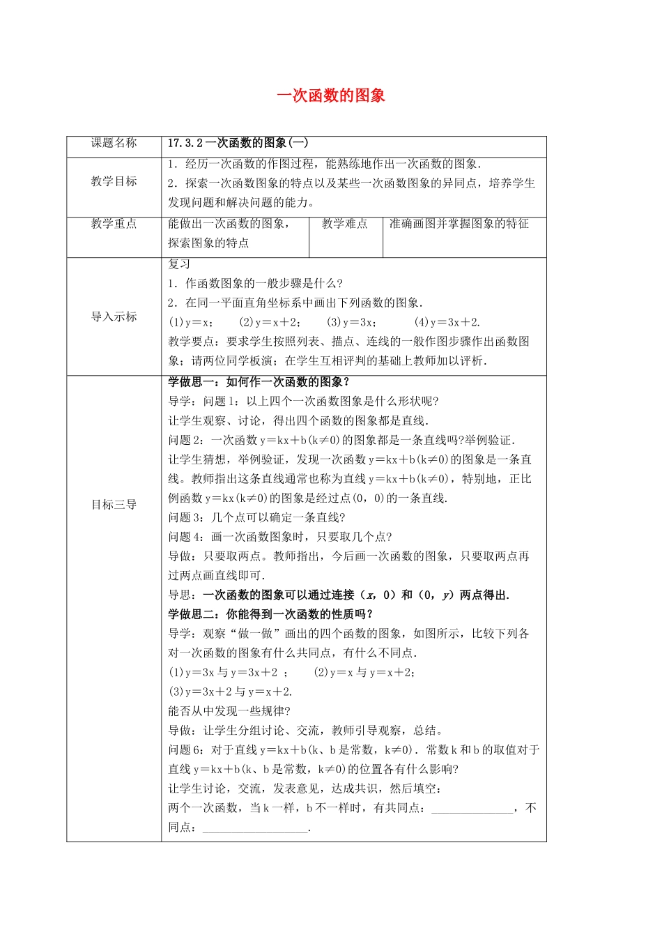八年级数学下册 第17章 函数及其图象 17.3 一次函数 17.3.2 一次函数的图象教案 （新版）华东师大版-（新版）华东师大版初中八年级下册数学教案_第1页