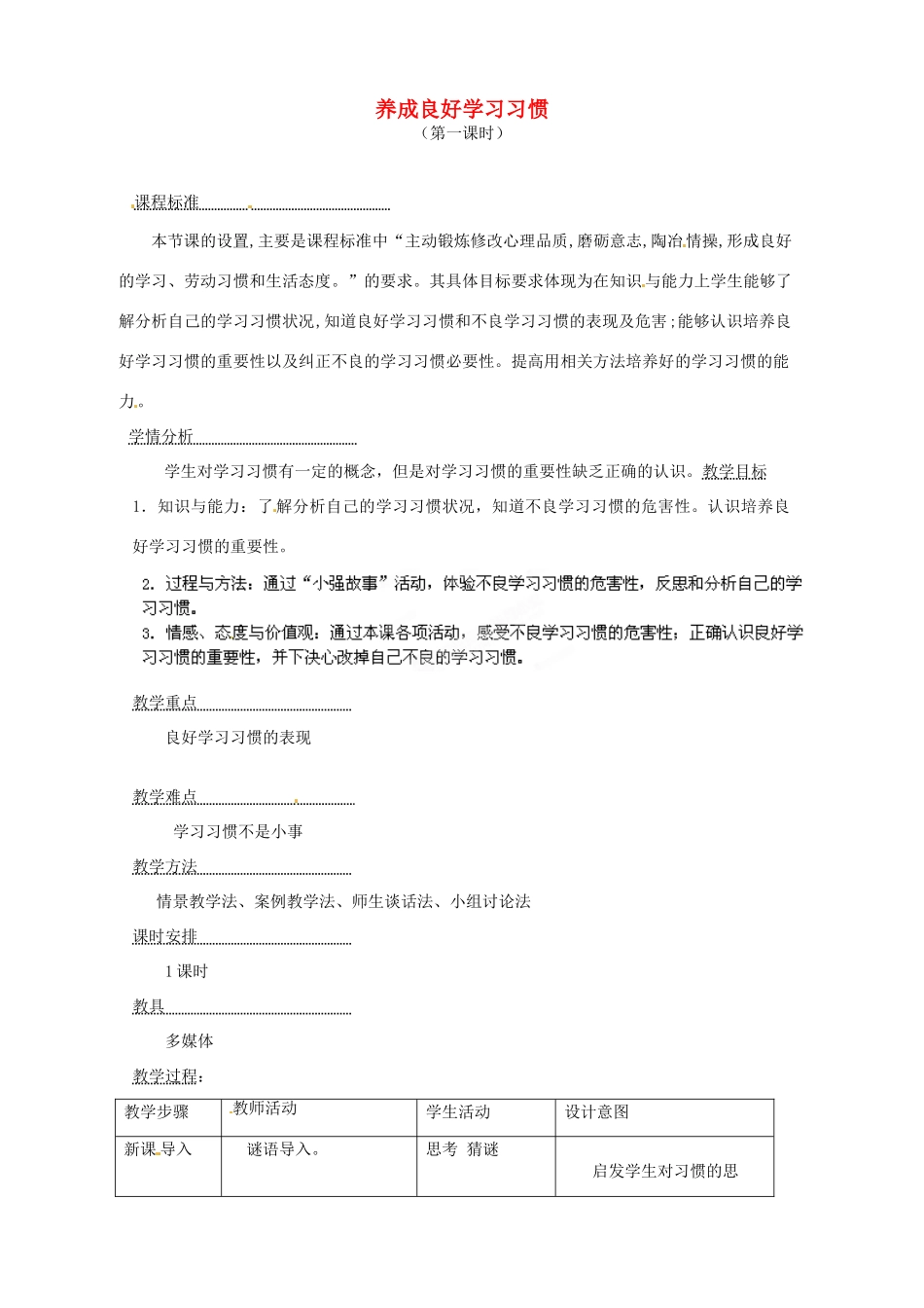 安徽省合肥市龙岗中学八年级政治 《养成良好学习习惯》教案 人教新课标版_第1页