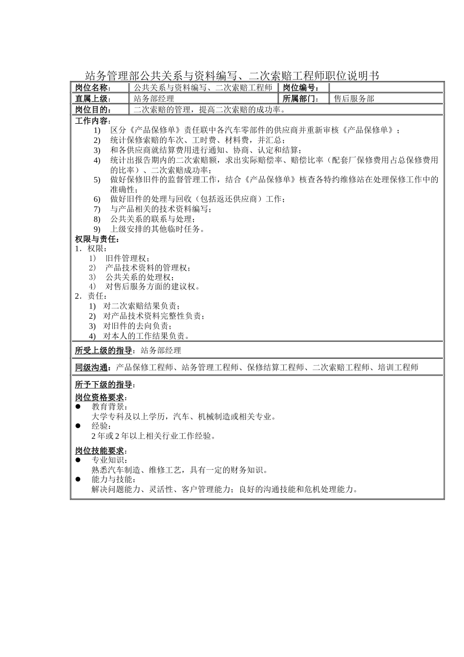 站务管理部公共关系与资料编写、二次索赔工程师职位说明书_第1页