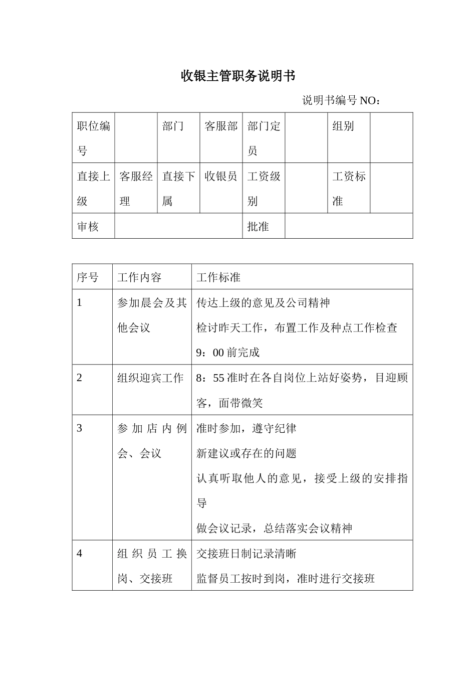商场超市收银主管职务说明书_第1页