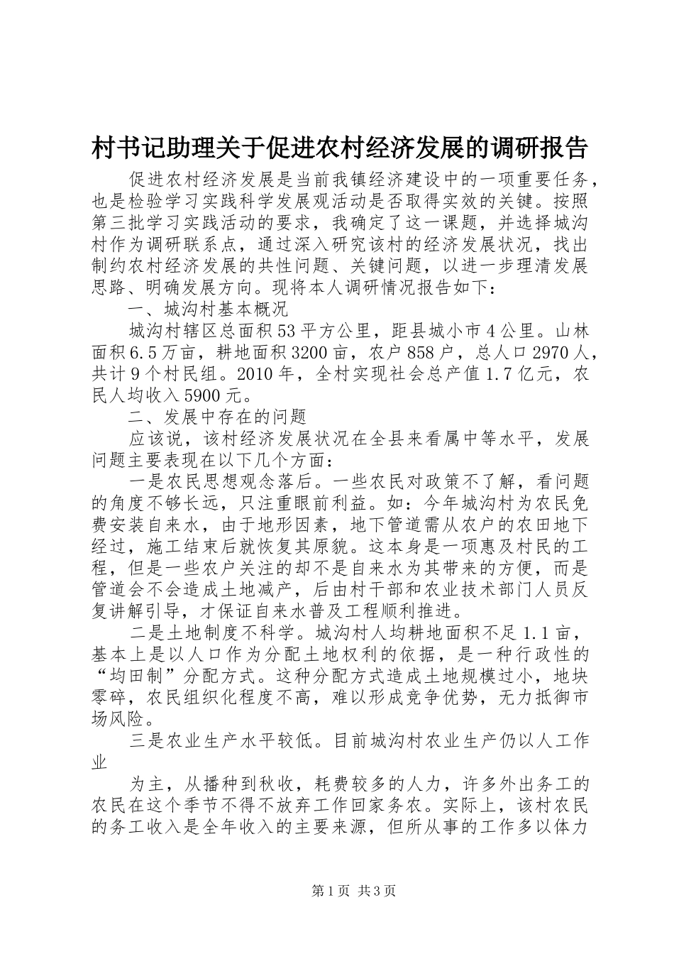 村书记助理关于促进农村经济发展的调研报告 _第1页