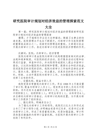 研究医院审计规划对经济效益的管理探索范文大全