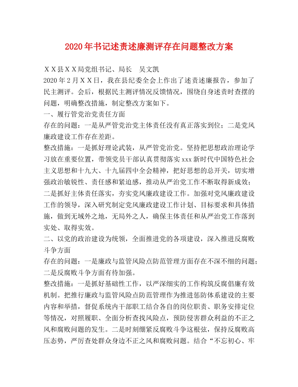 2020年书记述责述廉测评存在问题整改方案 _第1页