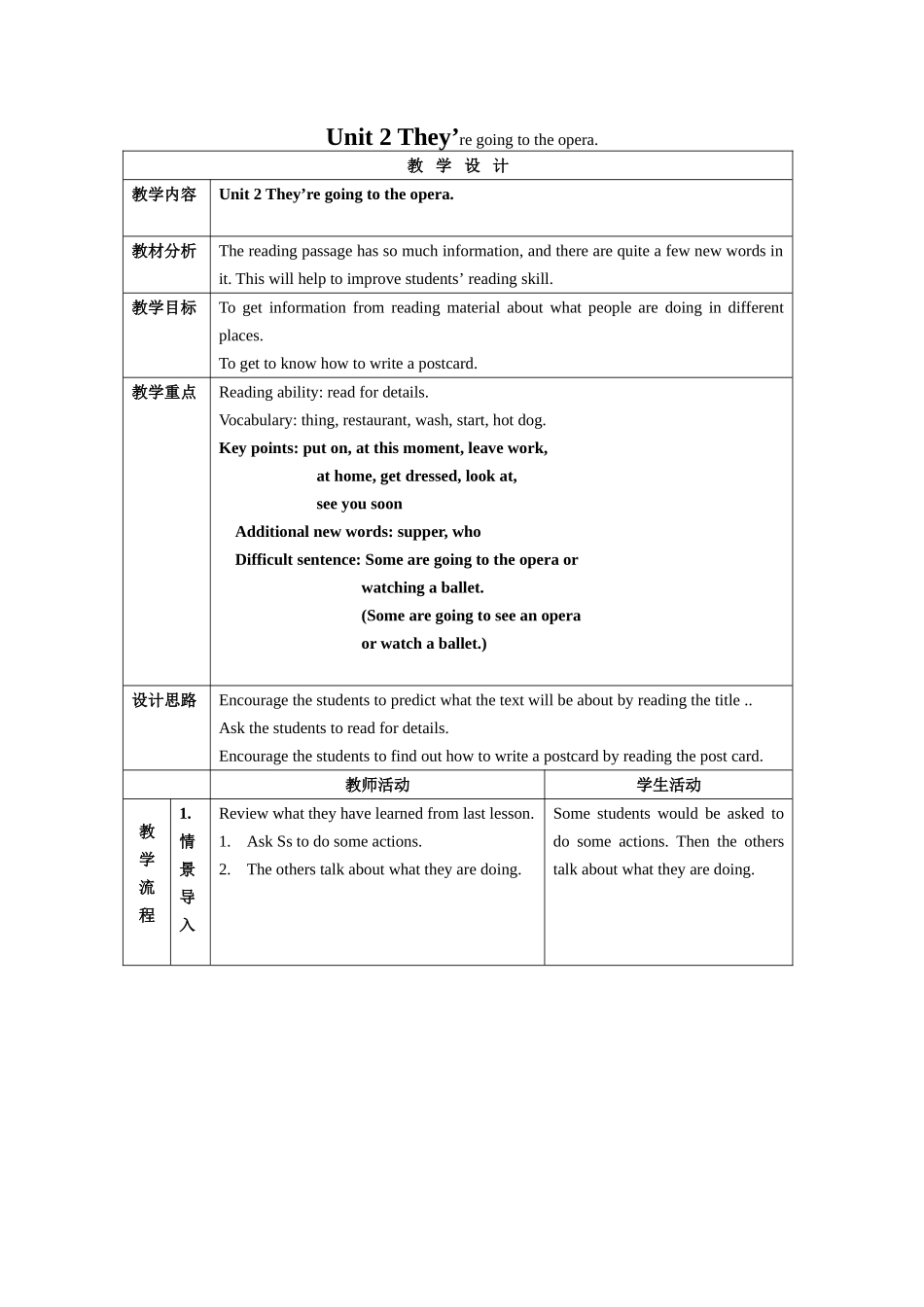 module 1 unit 2《theyre going to the opera》教案（外研社七年级下）doc--初中英语 _第1页